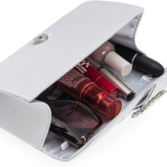 Evening Satin Clutch Purse with Embellished Brooch for Women Party Handbag - Picture 6 of 6